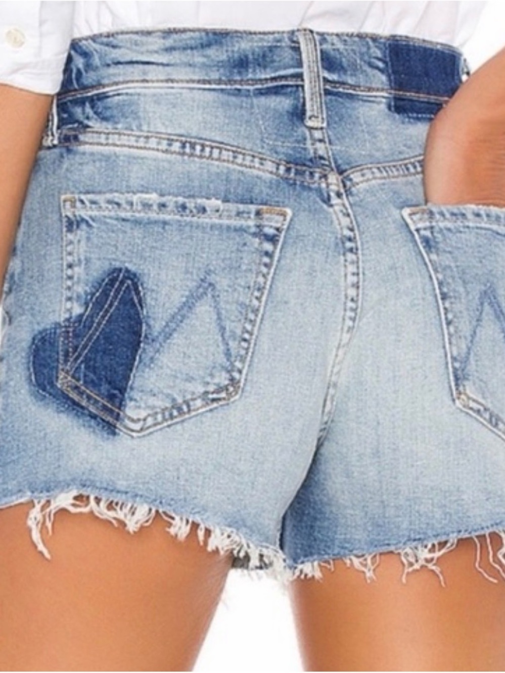 MOTHER Light Blue Denim Cutoff Shorts with Heart Patch